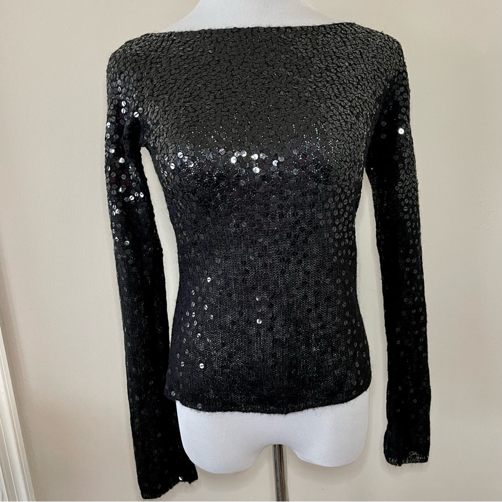 Laundry by Shelli Segal Black Sequined Knit Boatneck Sweater